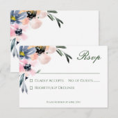 Rustiek Roze & Blauw Waterverf Bloemen Boeket RSVP Kaartje (Voorkant / Achterkant)
