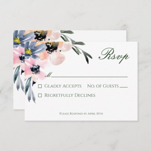 Rustiek Roze & Blauw Waterverf Bloemen Boeket RSVP Kaartje (Voorkant / Achterkant)