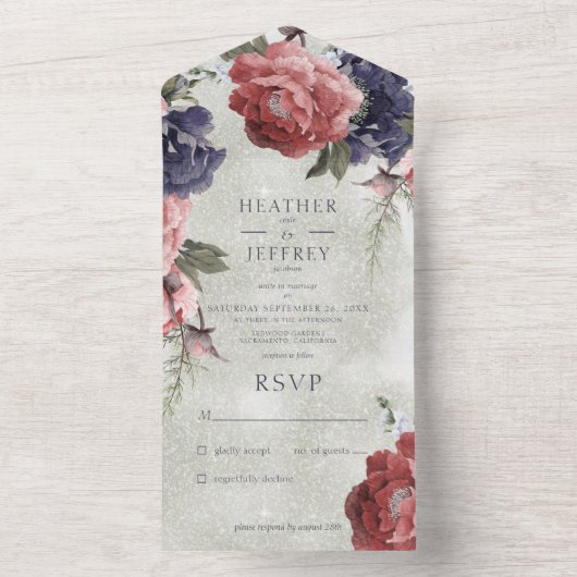 Rustiek Roze & Blauwe Pioenen Salie Groen Geen Din All In One Uitnodiging (Binnen)