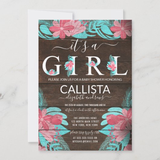 Rustiek Roze Blauwgroen Bloemen Hout Meisje Baby s Kaart (Voorkant)