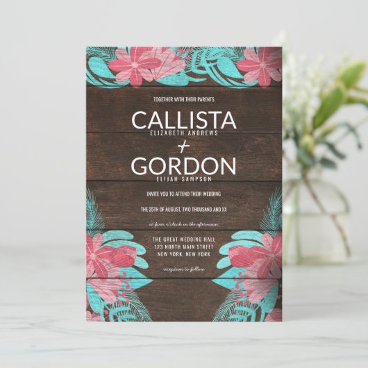 Rustiek Roze Blauwgroen Bloemen Houten Schuur Huwe Kaart (Staand voorkant)