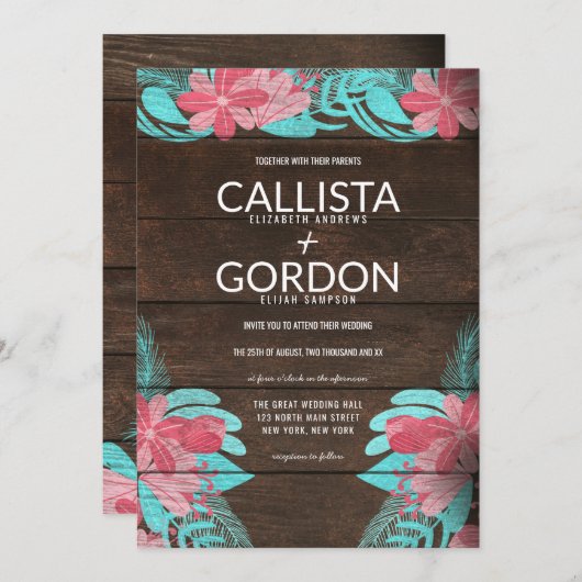 Rustiek Roze Blauwgroen Bloemen Houten Schuur Huwe Kaart (Voorkant / Achterkant)