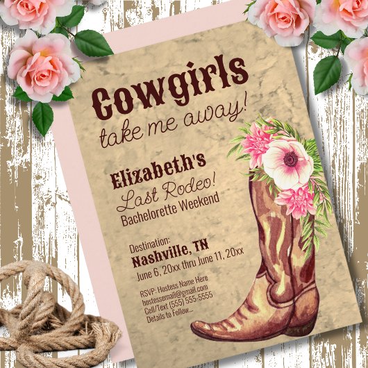 Rustiek Roze Bloemen Cowgirl Bachelorette Party Kaart