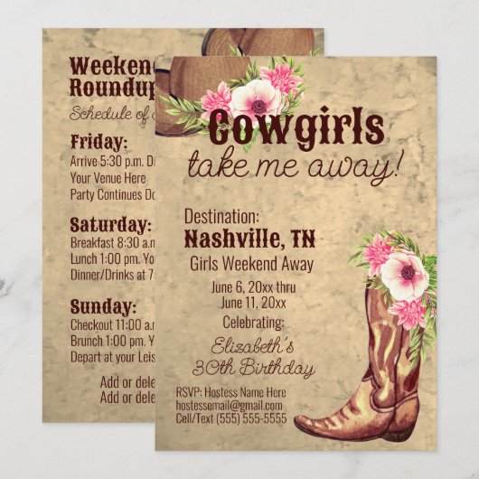 Rustiek, Roze, Bloemen, Cowgirl, Uitnodiging 2 kan (Voorkant / Achterkant)