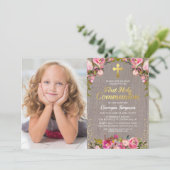Rustiek Roze Bloemen Eerste Heilige Communie Foto Kaart (Staand voorkant)