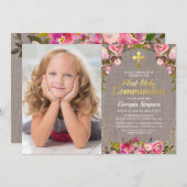 Rustiek Roze Bloemen Eerste Heilige Communie Foto Kaart (Voorkant / Achterkant)