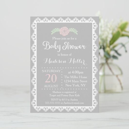 Rustiek Roze Bloemen en Witte kant Baby shower Kaart (Staand voorkant)
