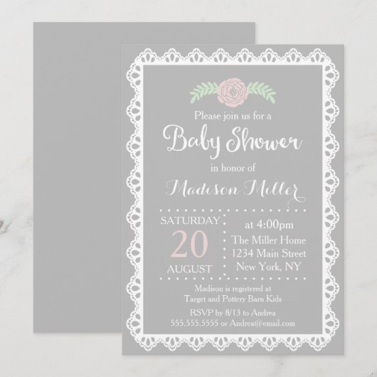 Rustiek Roze Bloemen en Witte kant Baby shower Kaart (Voorkant / Achterkant)