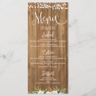 Rustiek Roze Bloemen & Hout Bruiloft Menu Kaart