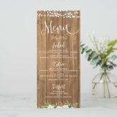 Rustiek Roze Bloemen & Hout Bruiloft Menu Kaart (Staand voorkant)