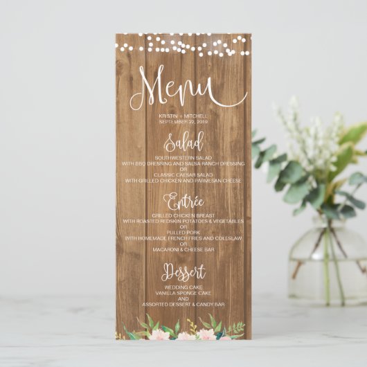 Rustiek Roze Bloemen & Hout Bruiloft Menu Kaart (Staand voorkant)