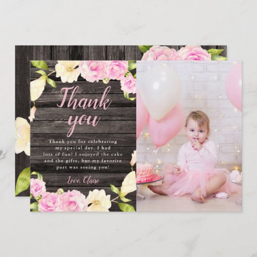 Rustiek Roze Bloemen Meisje Verjaardag Custom Foto Bedankkaart (Voorkant / Achterkant)