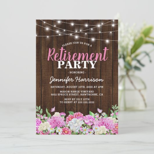 Rustiek Roze Bloemen Pensioen Party Kaart (Staand voorkant)