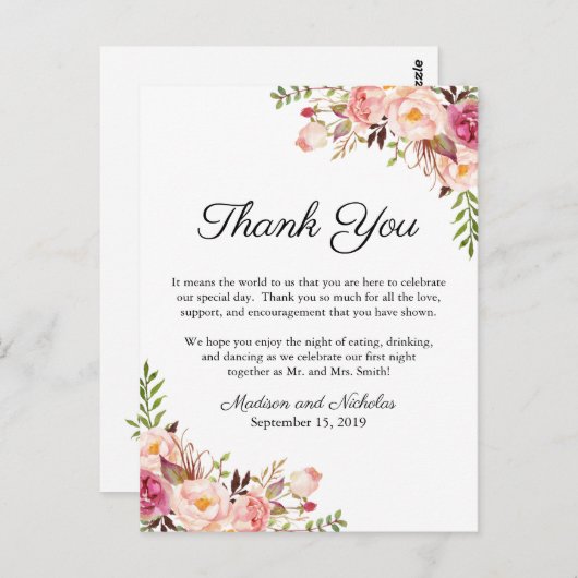 Rustiek Roze Bloemen Plaats Instelling Dank u kaar Briefkaart (Voorkant / Achterkant)