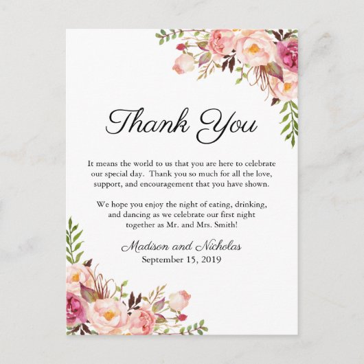 Rustiek Roze Bloemen Plaats Instelling Dank u kaar Briefkaart (Voorkant)