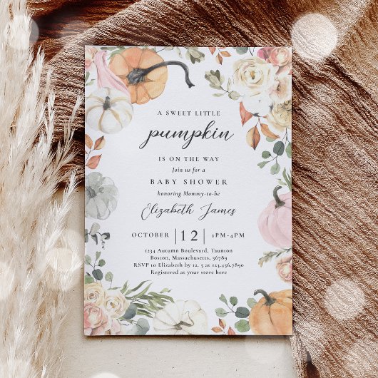 Rustiek Roze Bloemen Pompoen Meisje Baby shower Kaart