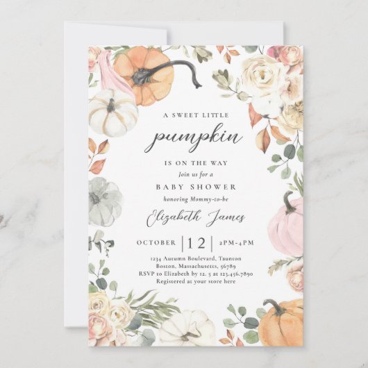 Rustiek Roze Bloemen Pompoen Meisje Baby shower Kaart (Voorkant)