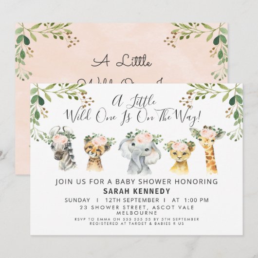 Rustiek Roze Bloemen Safari Baby shower Uitnodigin Kaart (Voorkant / Achterkant)