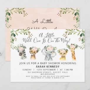 Rustiek Roze Bloemen Safari Baby shower Uitnodigin Kaart
