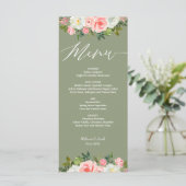 Rustiek Roze Bloemen Sage Green Flat bruiloft Menu (Staand voorkant)