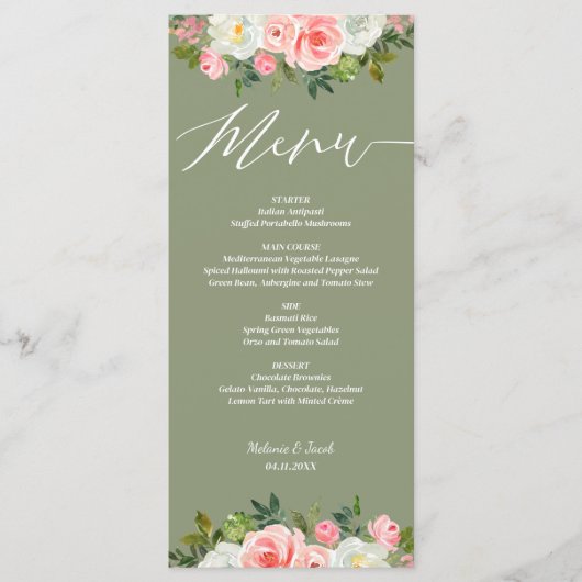 Rustiek Roze Bloemen Sage Green Flat bruiloft Menu (Voorkant)