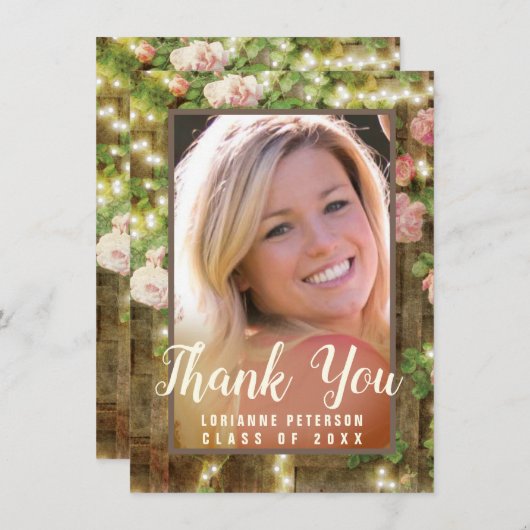 Rustiek Roze Bloemen String Lights Foto Afstuderen Bedankkaart (Voorkant / Achterkant)