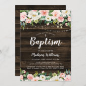 Rustiek Roze Bloemen String Lights Meisje Doop Kaart (Voorkant / Achterkant)