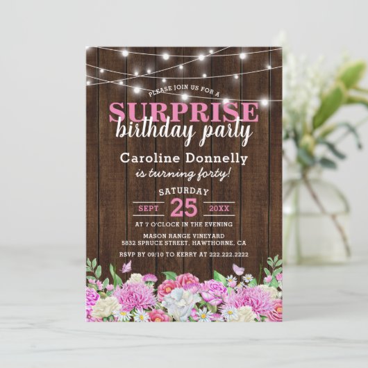 Rustiek Roze Bloemen String Lights Verjaardagsfees Kaart (Staand voorkant)