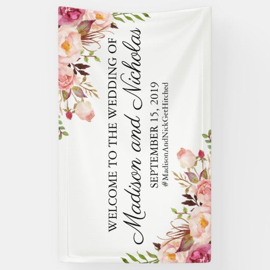Rustiek Roze Bloemen Trouwbanner Decoratie Spandoek (Verticaal)