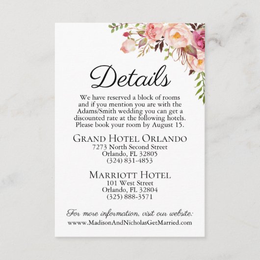 Rustiek Roze Bloemen Trouwdetails Kaart Inserts (Voorkant)