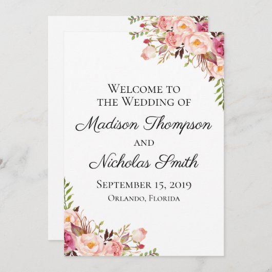 Rustiek Roze Bloemen Trouwprogramma Kaarten (Voorkant / Achterkant)