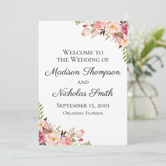 Rustiek Roze Bloemen Trouwprogramma Kaarten (Staand voorkant)