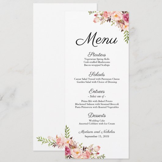 Rustiek Roze Bloemen Wedding Menu Rack Kaarten (Voorkant / Achterkant)