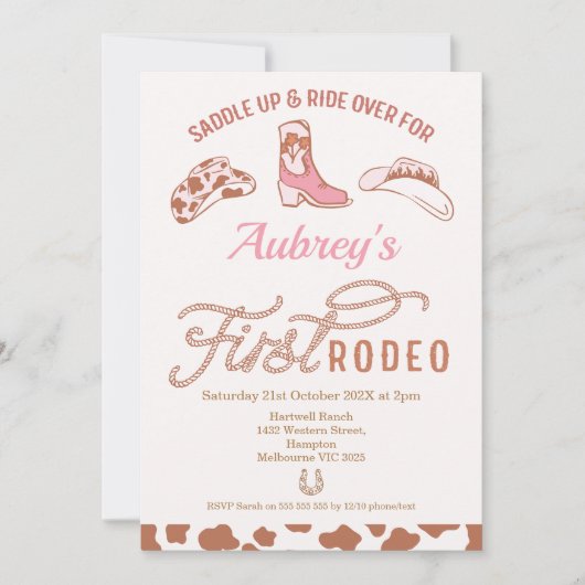 Rustiek Roze Boot Cowgirl Eerste Rodeo 1e Verjaard Kaart (Voorkant)