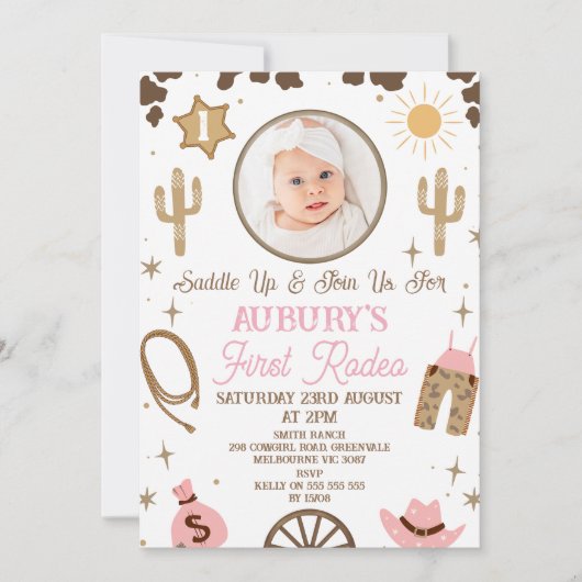 Rustiek Roze Bruin Meisjes Eerste Rodeo 1e Verjaar Kaart (Voorkant)