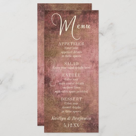Rustiek Roze & Burlap Vintage Bruiloft Menu (Voorkant / Achterkant)