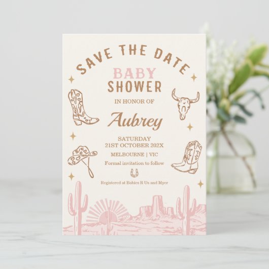 Rustiek Roze Cowgirl Baby shower Save The Date Kaa Kaart (Staand voorkant)