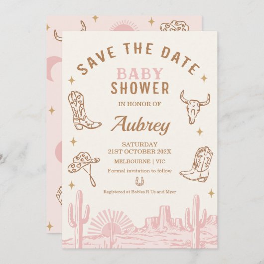 Rustiek Roze Cowgirl Baby shower Save The Date Kaa Kaart (Voorkant / Achterkant)