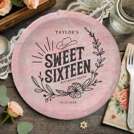 Rustiek Roze Cowgirl Bloemen Sweet Sixteen Verjaar Papieren Bordje