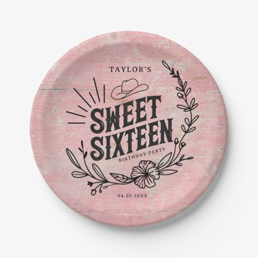 Rustiek Roze Cowgirl Bloemen Sweet Sixteen Verjaar Papieren Bordje (Voorkant)