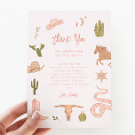 Rustiek Roze Cowgirl Verjaardagsfeest Bedankkaart<br><div class="desc">Rustiek en modern cowgirl thema baby shower dank u sjabloon kaart met illustratie van cactussen,  slangenbeeld,  cowboy pet,  cowboylaarzen,  enz.</div>