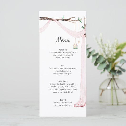 Rustiek Roze Drape Tree Branch Wedding Menu (Staand voorkant)