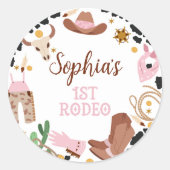Rustiek Roze Eerste Rodeo 1e Verjaardag Ronde Sticker (Voorkant)
