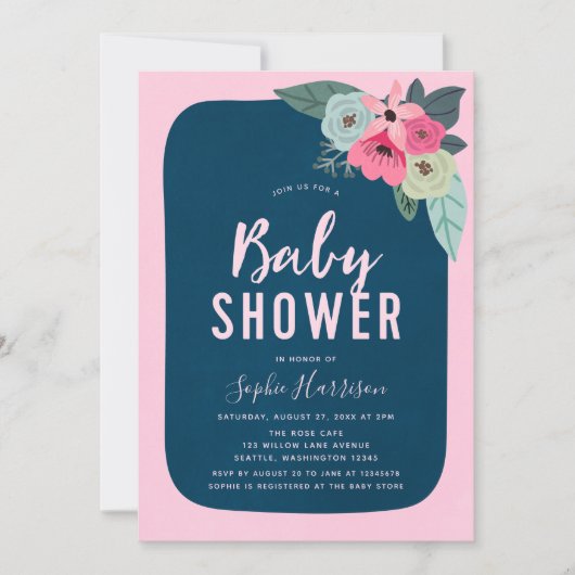 Rustiek Roze en Blauw Bloemen Baby shower Invitati Kaart (Voorkant)