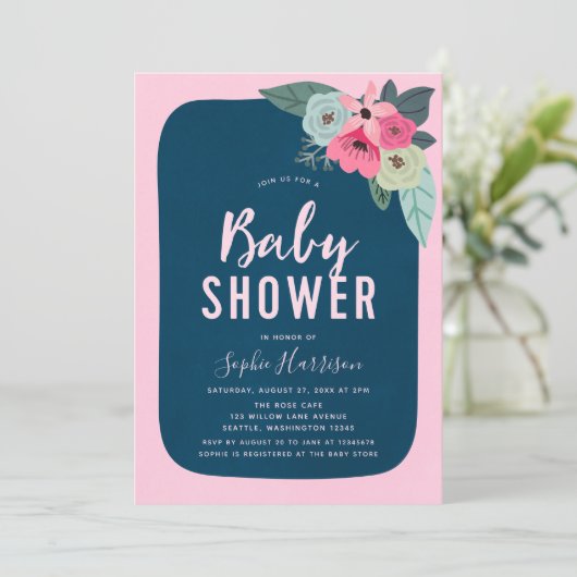 Rustiek Roze en Blauw Bloemen Baby shower Invitati Kaart (Staand voorkant)