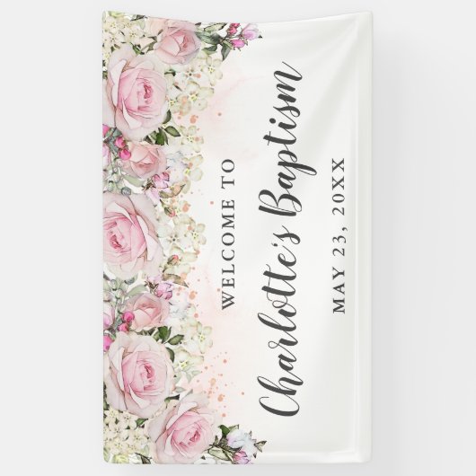 Rustiek Roze en Witte Bloemen Doopfeest Spandoek (Verticaal)