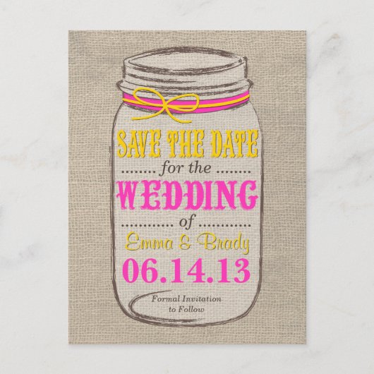Rustiek Roze & Gele Mason Jar Save the Date Aankondigingskaart (Voorkant)