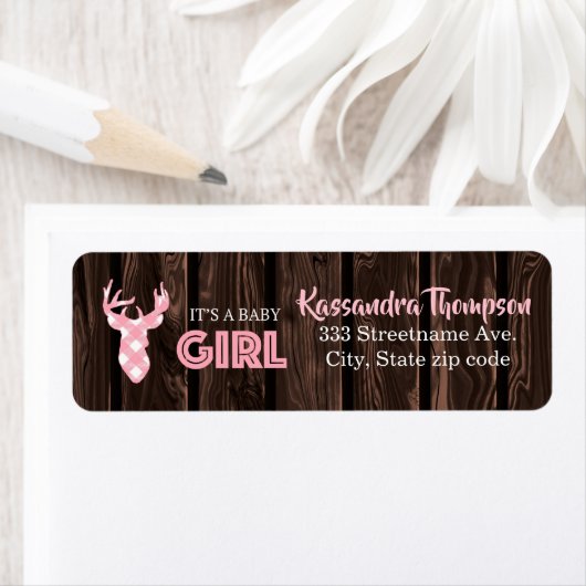 Rustiek roze geruite hert Het is een meisje adres  Etiket (Insitu)