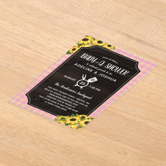 Rustiek Roze Gingham Zonnebloemen Meisje Baby-Q Do Acryl Uitnodigingen (Laagn)