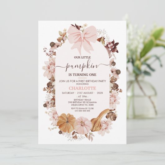 Rustiek Roze Herfst Little Pumpkin 1st Birthday Kaart (Staand voorkant)